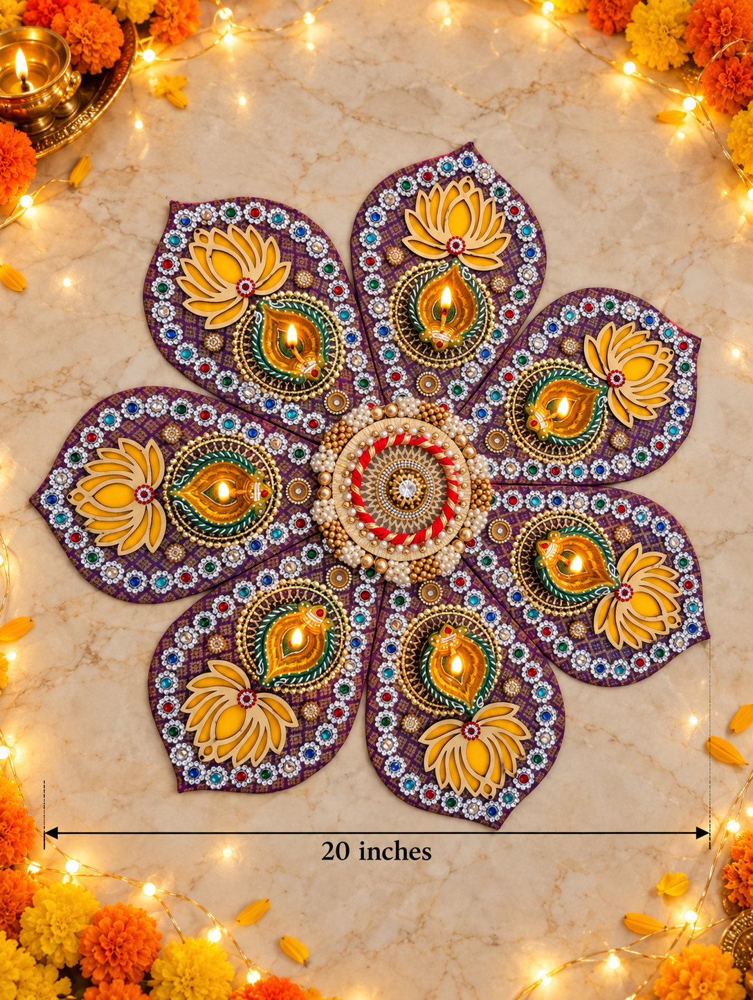 Lotus & Paisley Rangoli – Purple Seven-Petal Diwali Diya Decor, 20 in