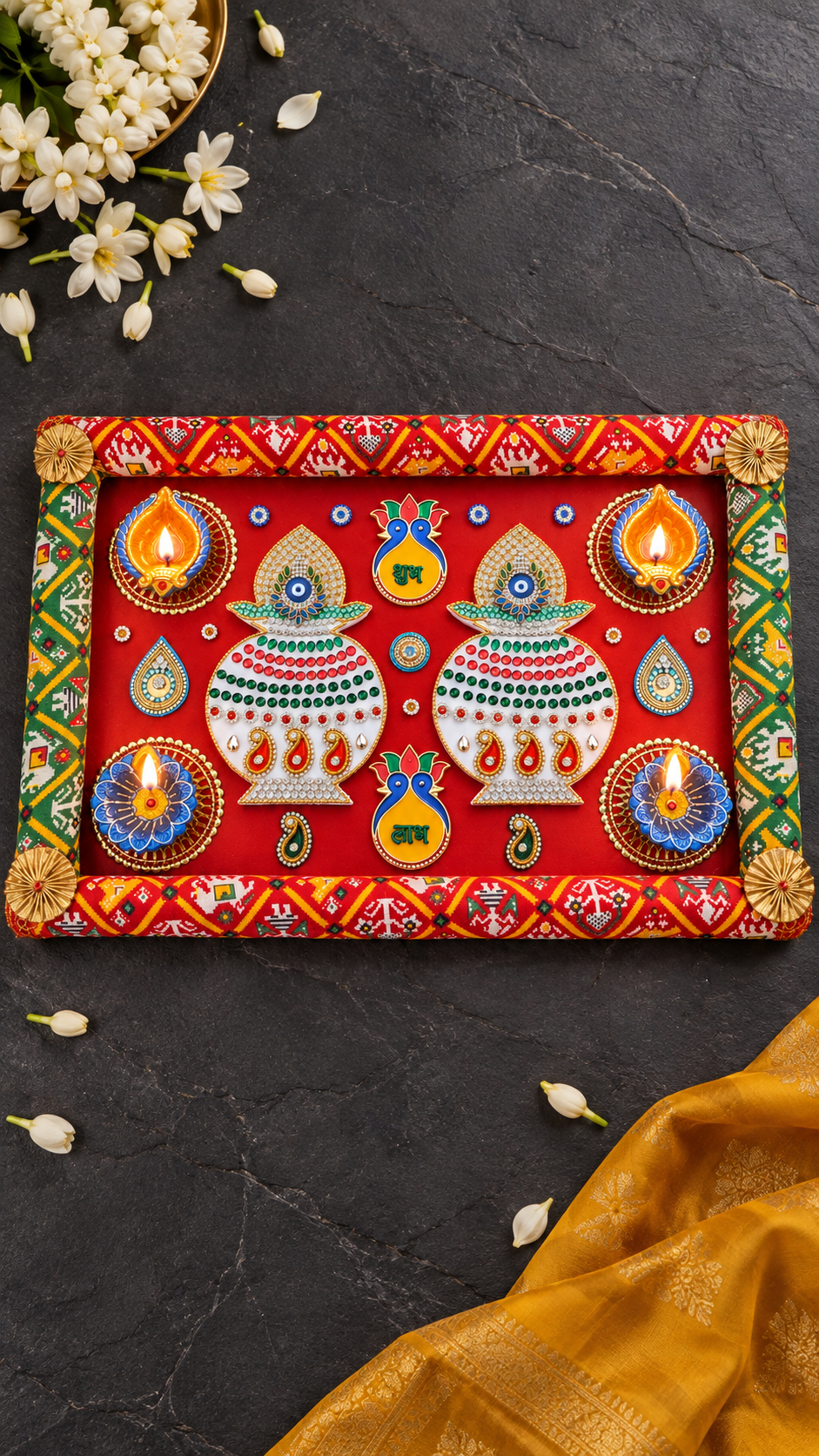 Red Kalash Rangoli – Handmade Diwali Diya Decor, 18 × 12 in