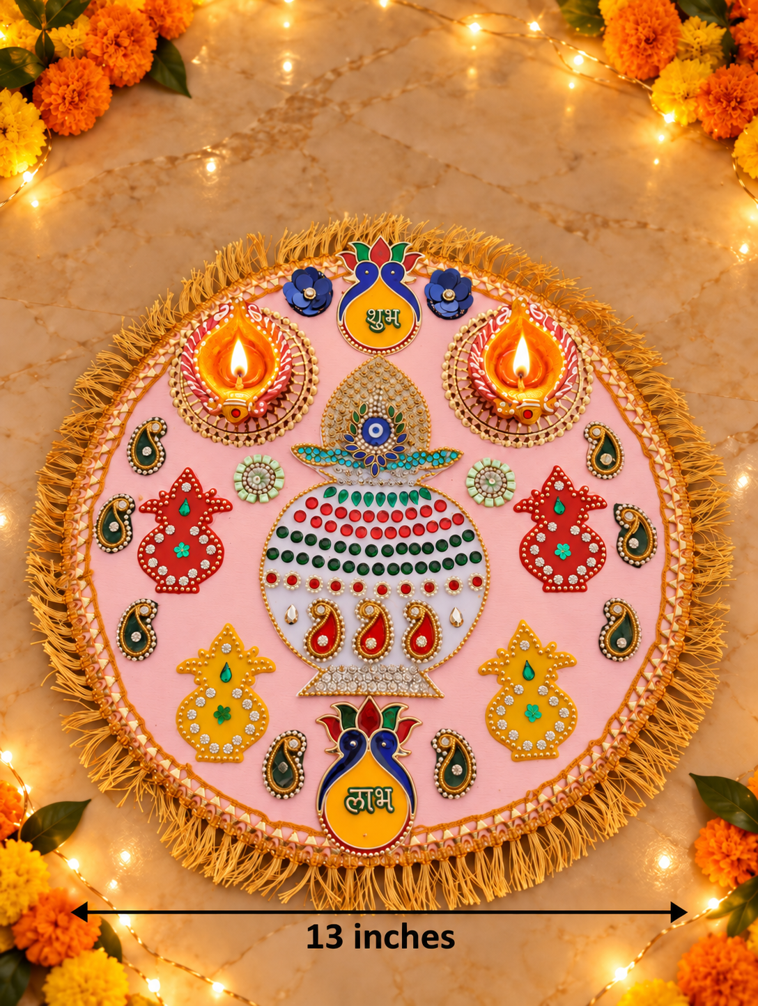 Kalash Blessings Rangoli – Handmade Diwali Decor with Diyas, 13 in