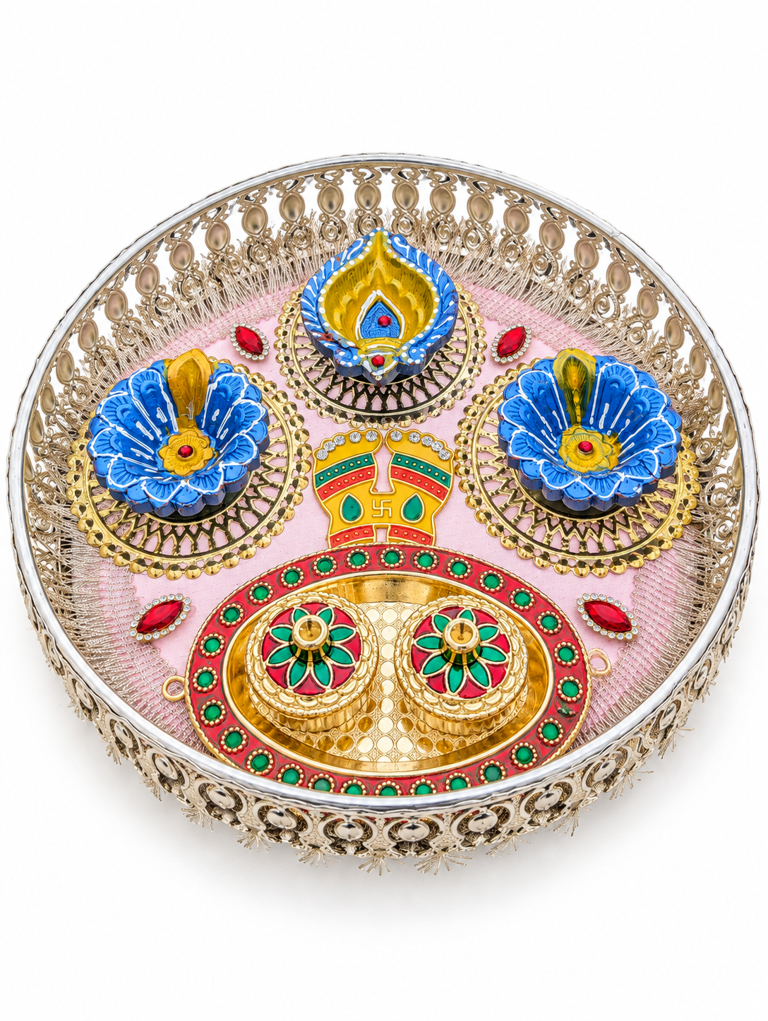 Jeweled Aarti Thali – Handmade Decorated Metal Puja Plate, 9 in
