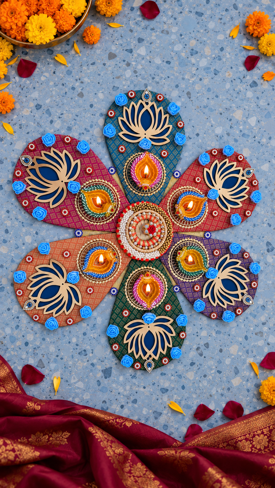 Lotus Petal Rangoli – Multicolor Handmade Diwali Decor with Diyas, 20 in