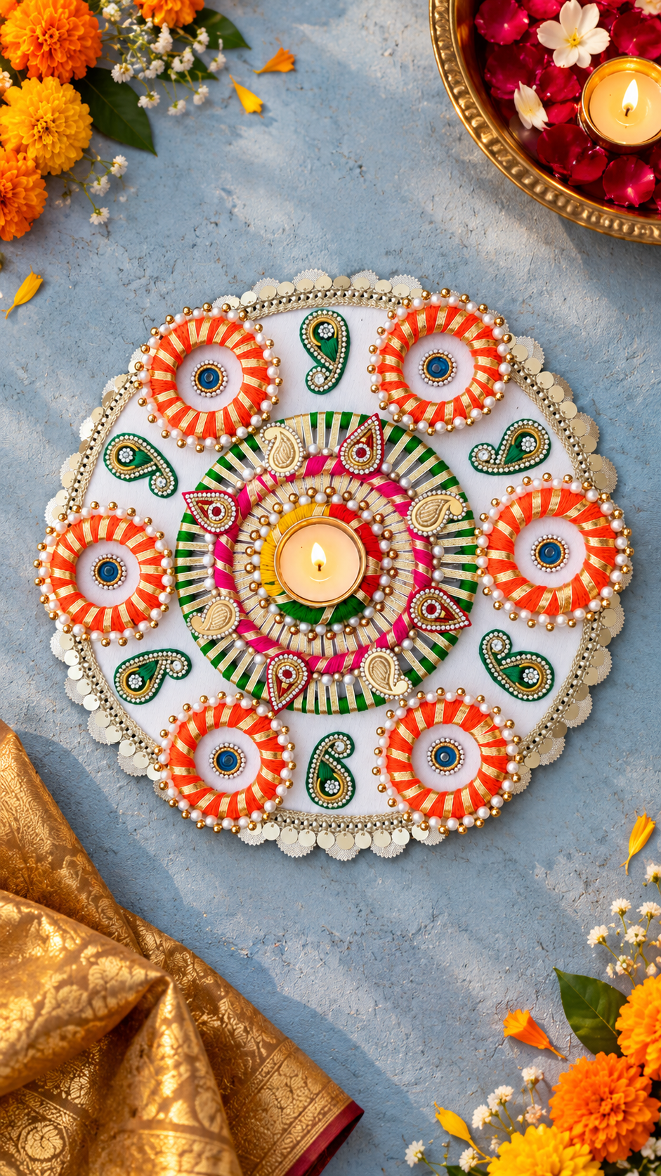 Marigold Glow Rangoli – Orange & Ivory Diwali Tealight Centerpiece, 12 in
