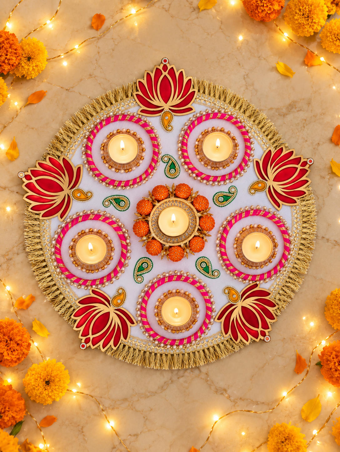 Crimson Lotus Rangoli – Round Diwali Tealight Centerpiece, 17 in