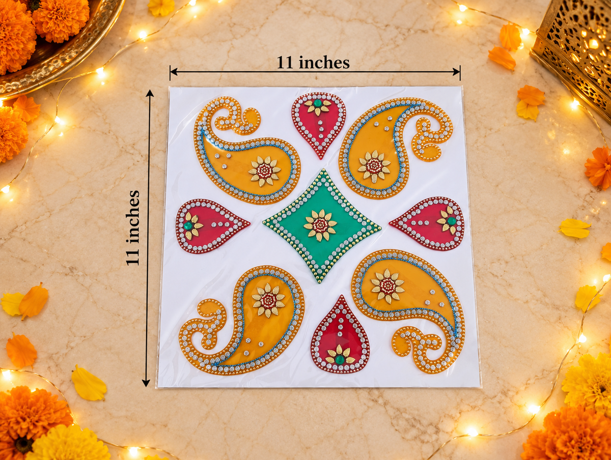 Paisley Jewel Rangoli – Colorful Square Diwali Decoration, 11 × 11 in