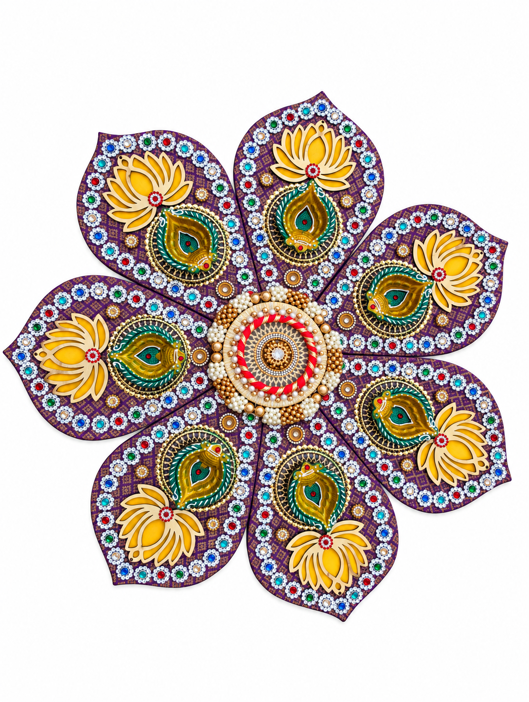 Lotus & Paisley Rangoli – Purple Seven-Petal Diwali Diya Decor, 20 in