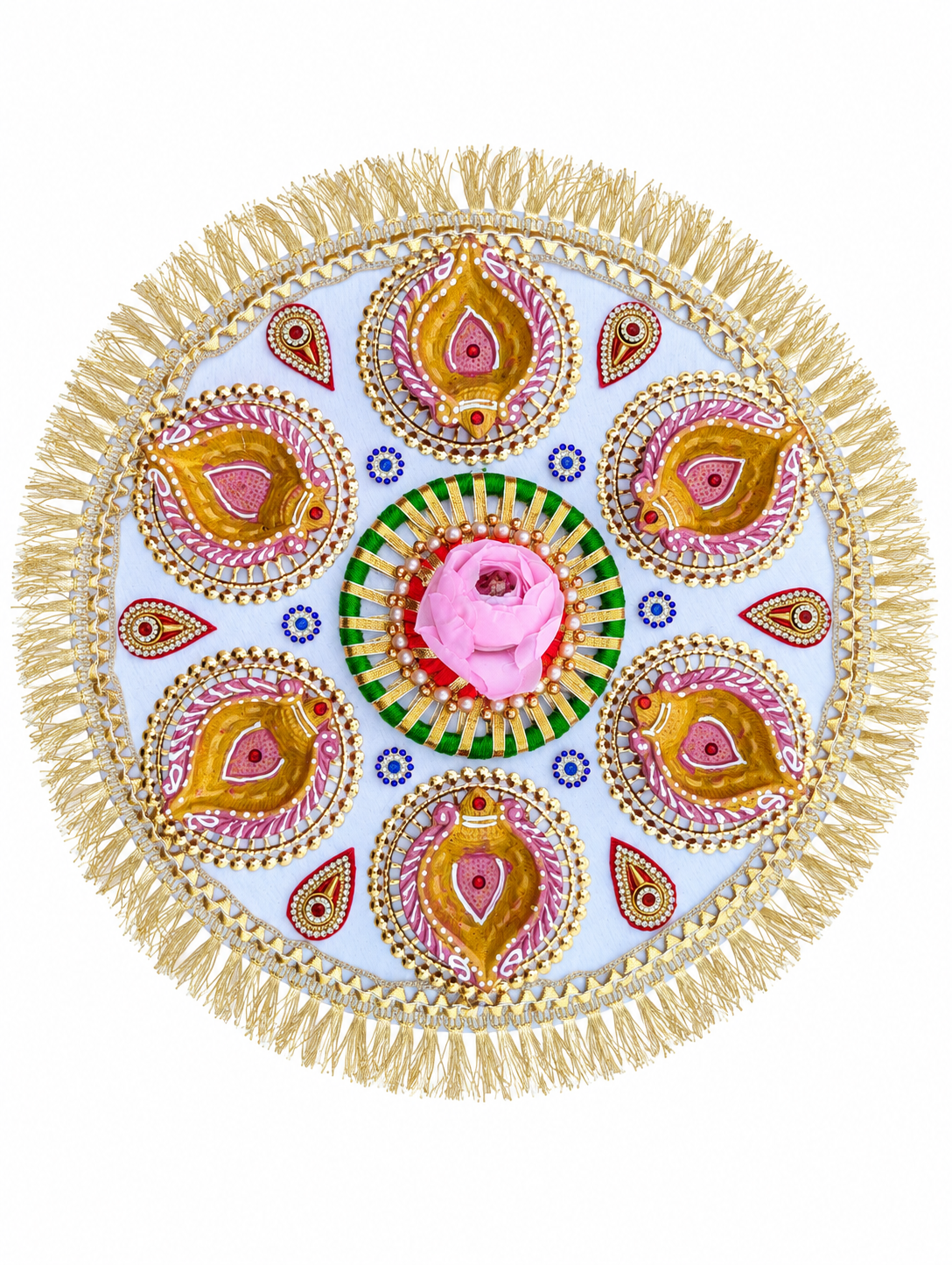 Pink Diya Bloom Rangoli – Handmade Six-Diya Diwali Floor Decor, 13 in