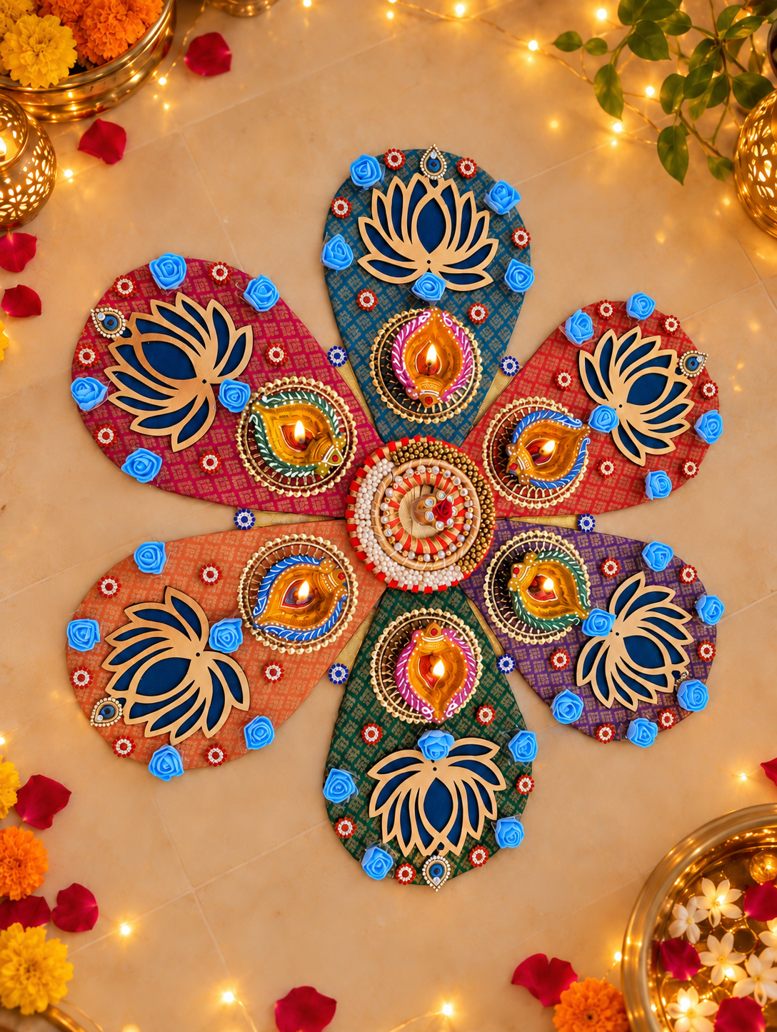 Lotus Petal Rangoli – Multicolor Handmade Diwali Decor with Diyas, 20 in