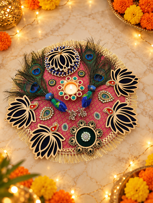 Peacock & Lotus Rangoli – Handmade Diwali Tealight Centerpiece, 16 in