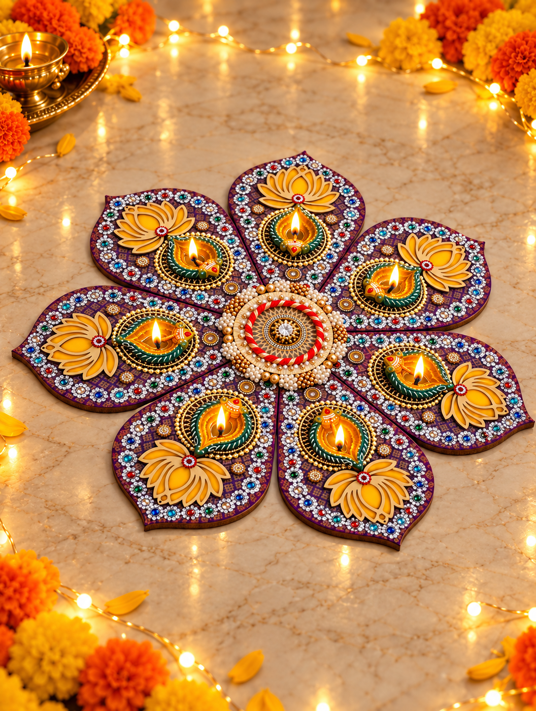 Lotus & Paisley Rangoli – Purple Seven-Petal Diwali Diya Decor, 20 in
