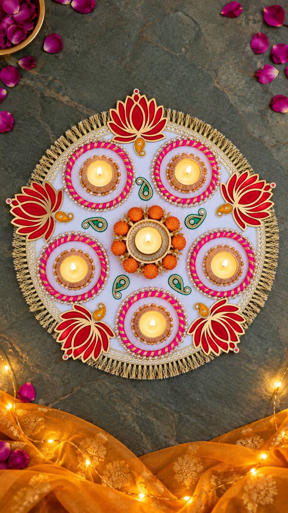 Crimson Lotus Rangoli – Round Diwali Tealight Centerpiece, 17 in