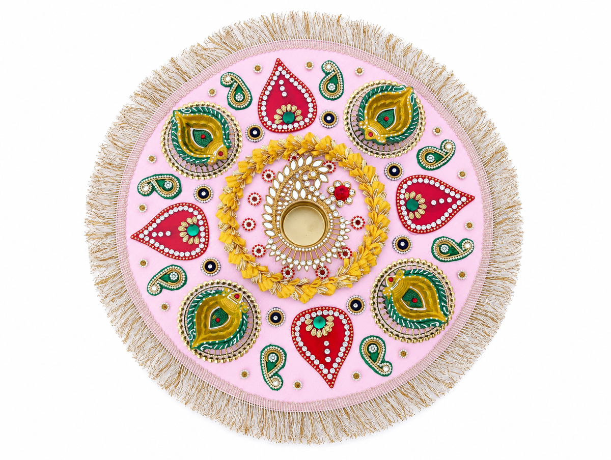 Pastel Paisley Rangoli – Round Diwali Tealight Decor with Fringe, 14 in