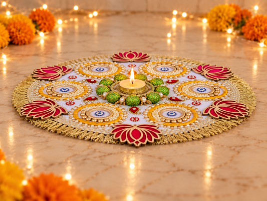 Lotus Halo Rangoli – Ivory & Gold Diwali Tealight Centerpiece, 14 in