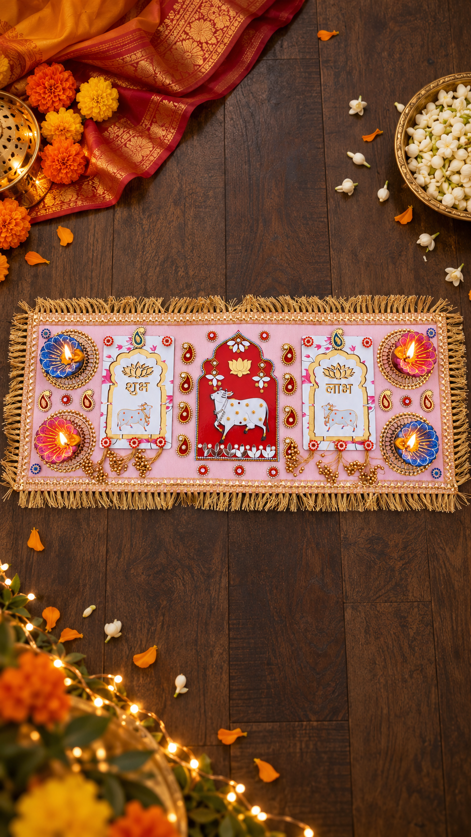 Sacred Cow & Shubh Labh Rangoli – Diwali Diya Decor, 24 × 10 in
