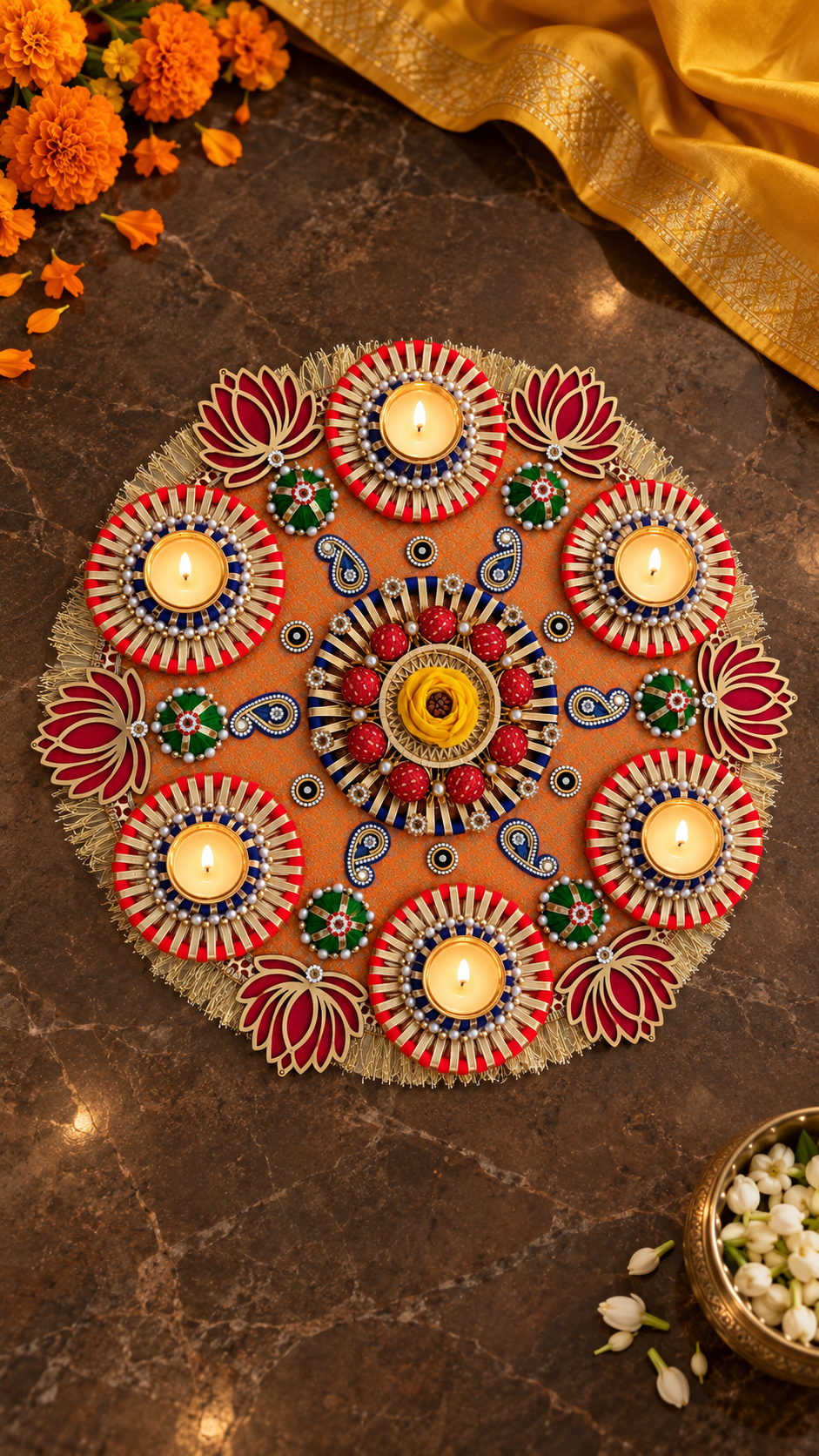 Lotus Radiance Rangoli – Orange & Gold Diwali Tealight Centerpiece, 17 in