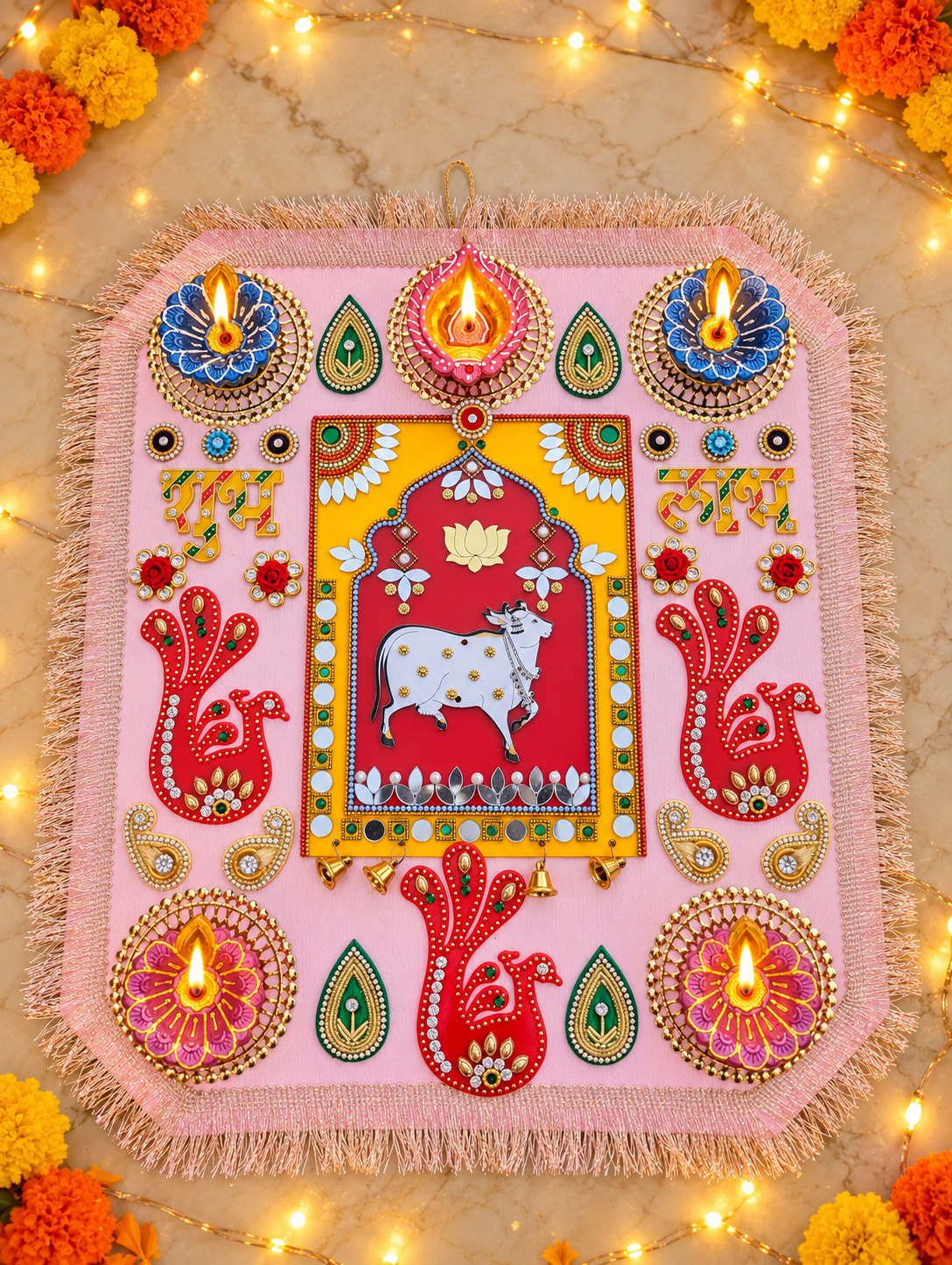 Sacred Cow Rangoli – Handmade Lotus & Paisley Diwali Diya Decor, 12 × 16 in