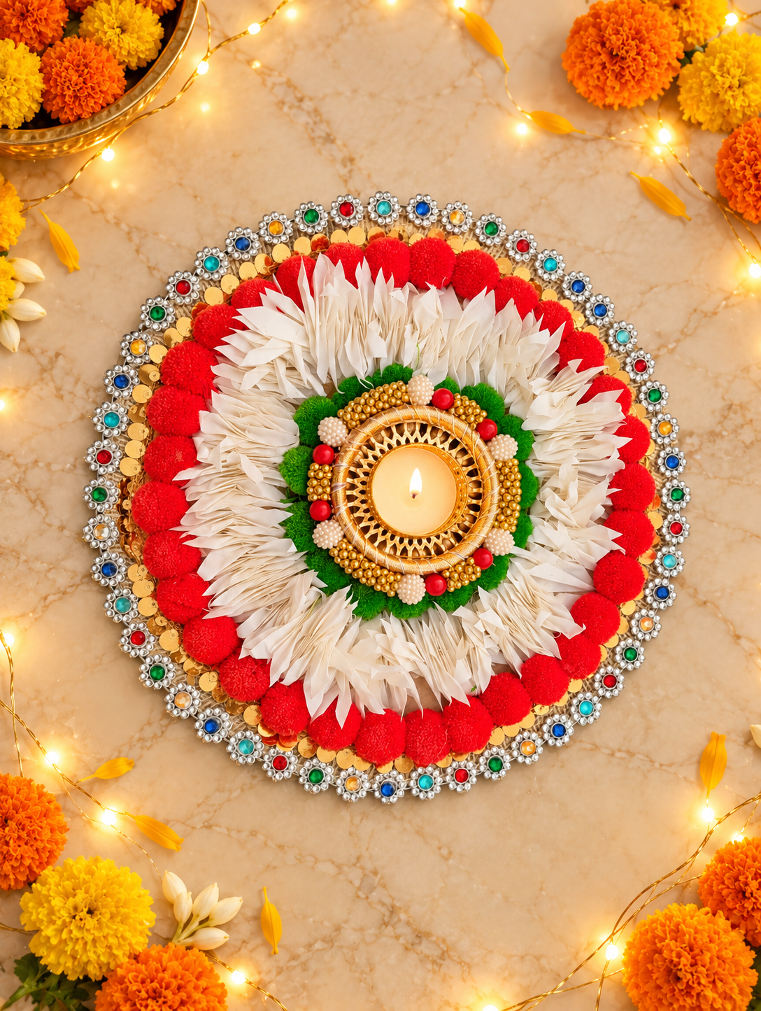Red & White Pompom Rangoli – Handmade Diwali Tealight Centerpiece, 25 in