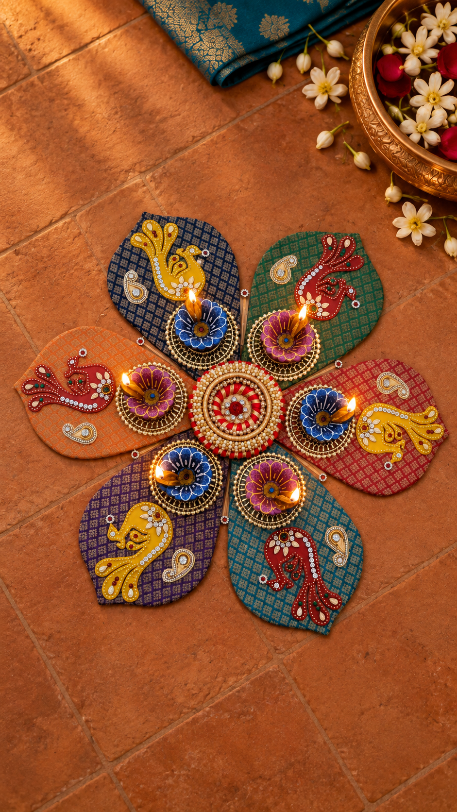 Peacock Petal Rangoli – Multicolor Handmade Diwali Decor with Diyas, 20 in