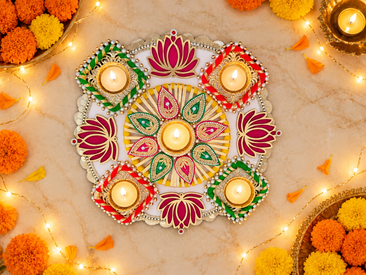 Lotus Celebration Rangoli – Red & Green Diwali Tealight Decor, 12 in