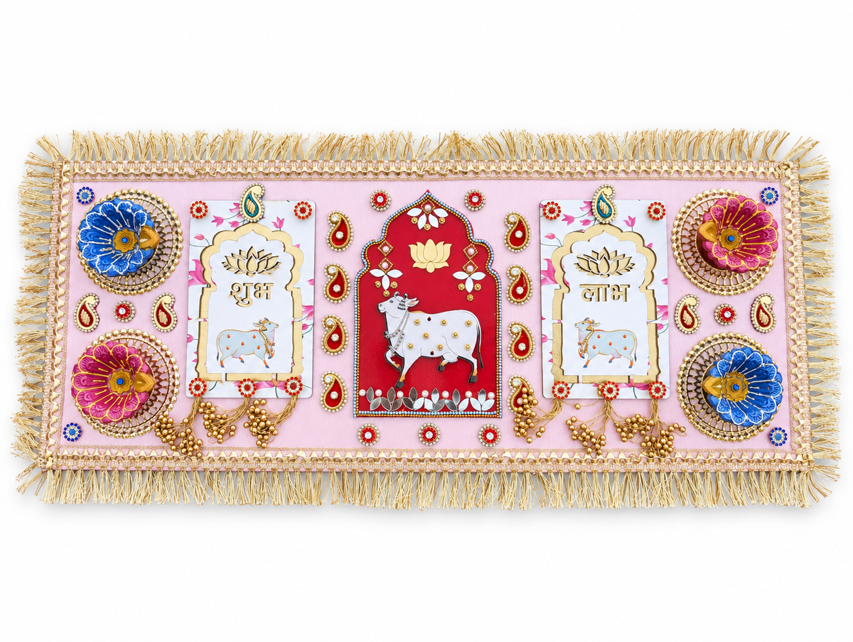 Sacred Cow & Shubh Labh Rangoli – Diwali Diya Decor, 24 × 10 in