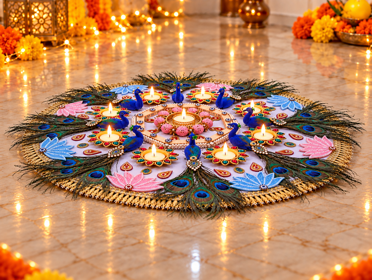 Grand Peacock Garden Rangoli – Lotus & Feather Diwali Centerpiece, 26 in