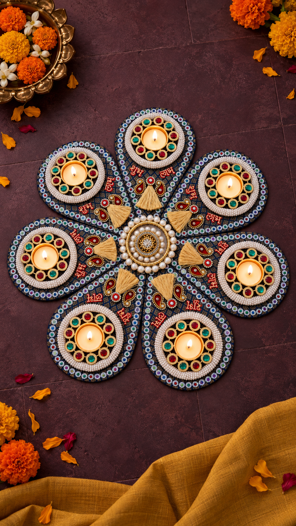 Midnight Jewel Rangoli – Seven-Petal Diwali Tealight Centerpiece, 20 in