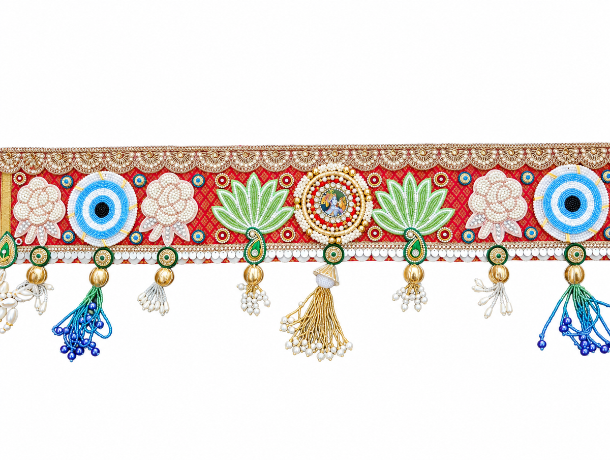 Krishna Lotus & Blue Medallion Toran – Handmade Diwali Door Hanging, 36 × 5 in