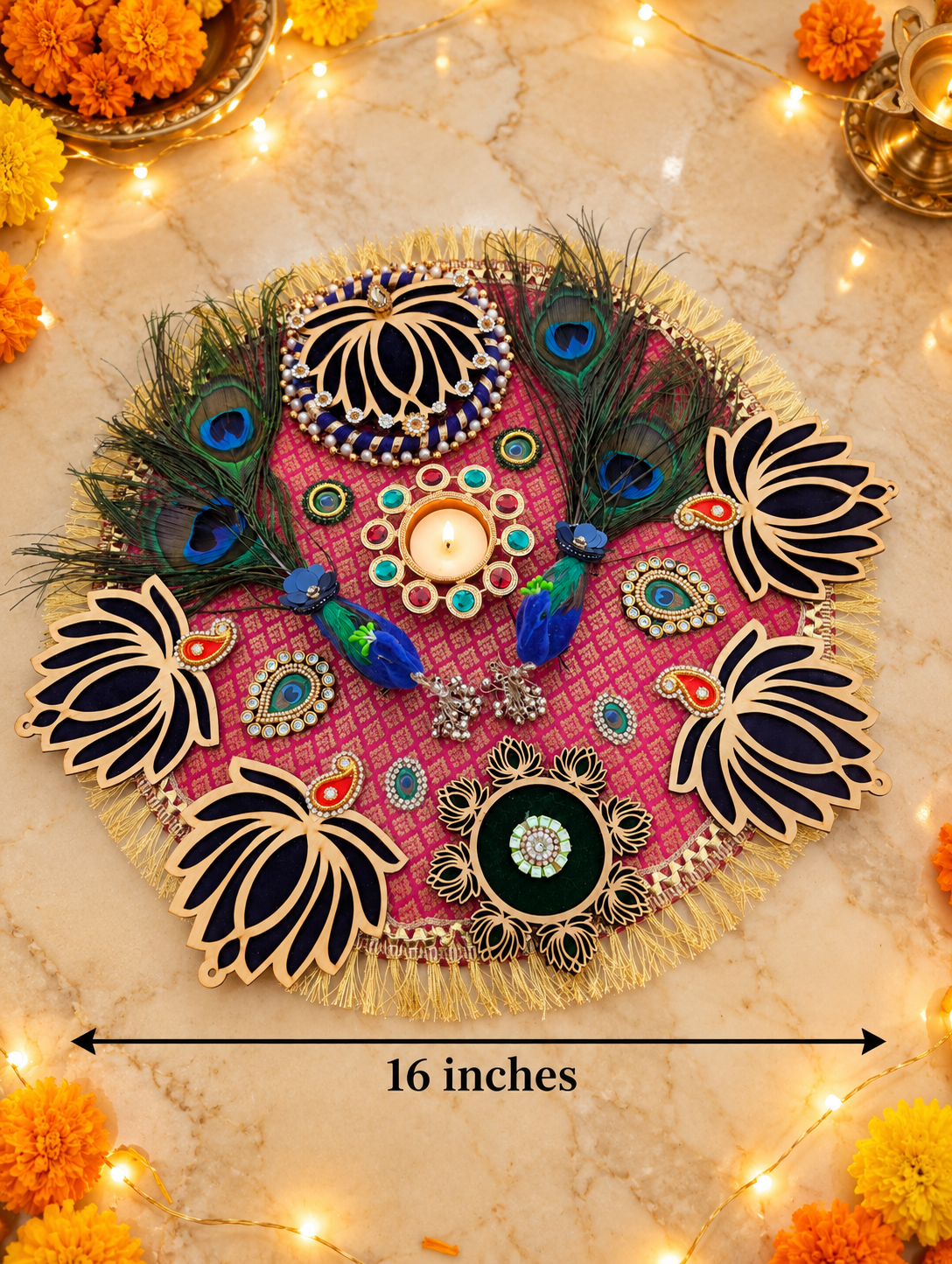 Peacock & Lotus Rangoli – Handmade Diwali Tealight Centerpiece, 16 in