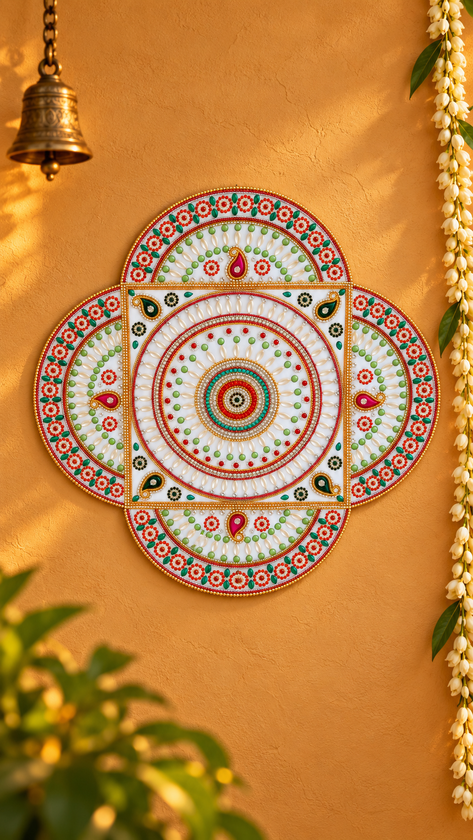 Emerald Mandala Wall Art – Handmade Jeweled Diwali Wall Decor, 14 in