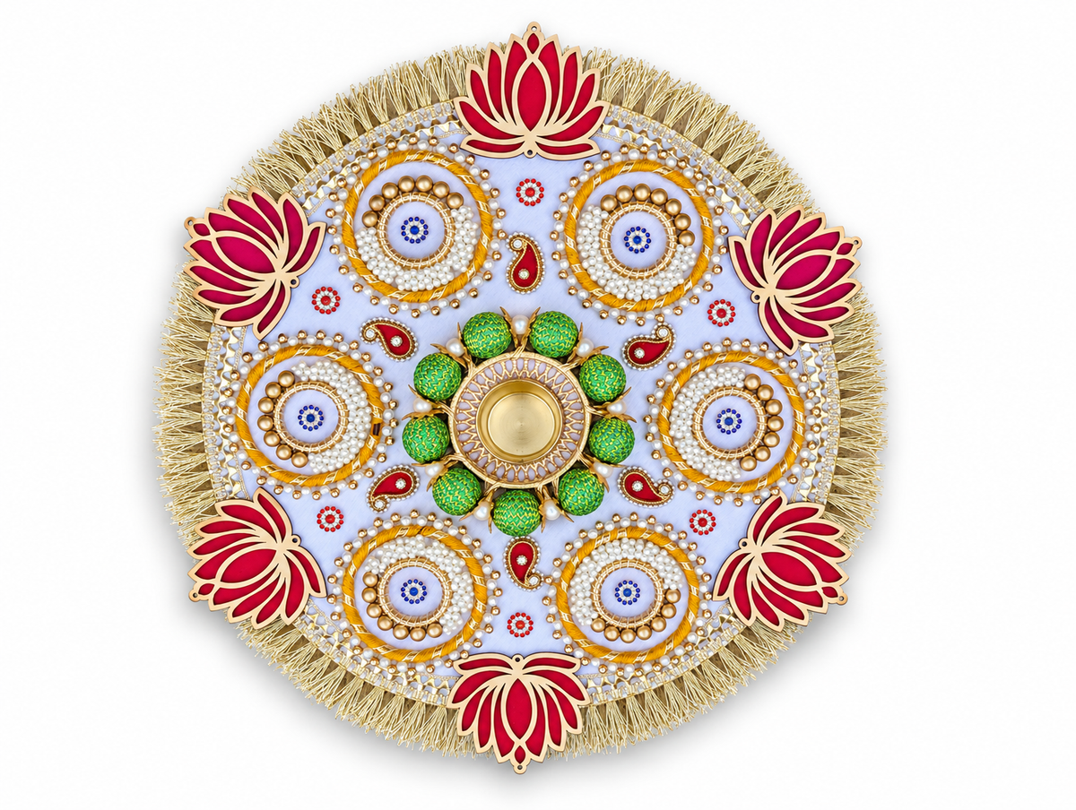 Lotus Halo Rangoli – Ivory & Gold Diwali Tealight Centerpiece, 14 in