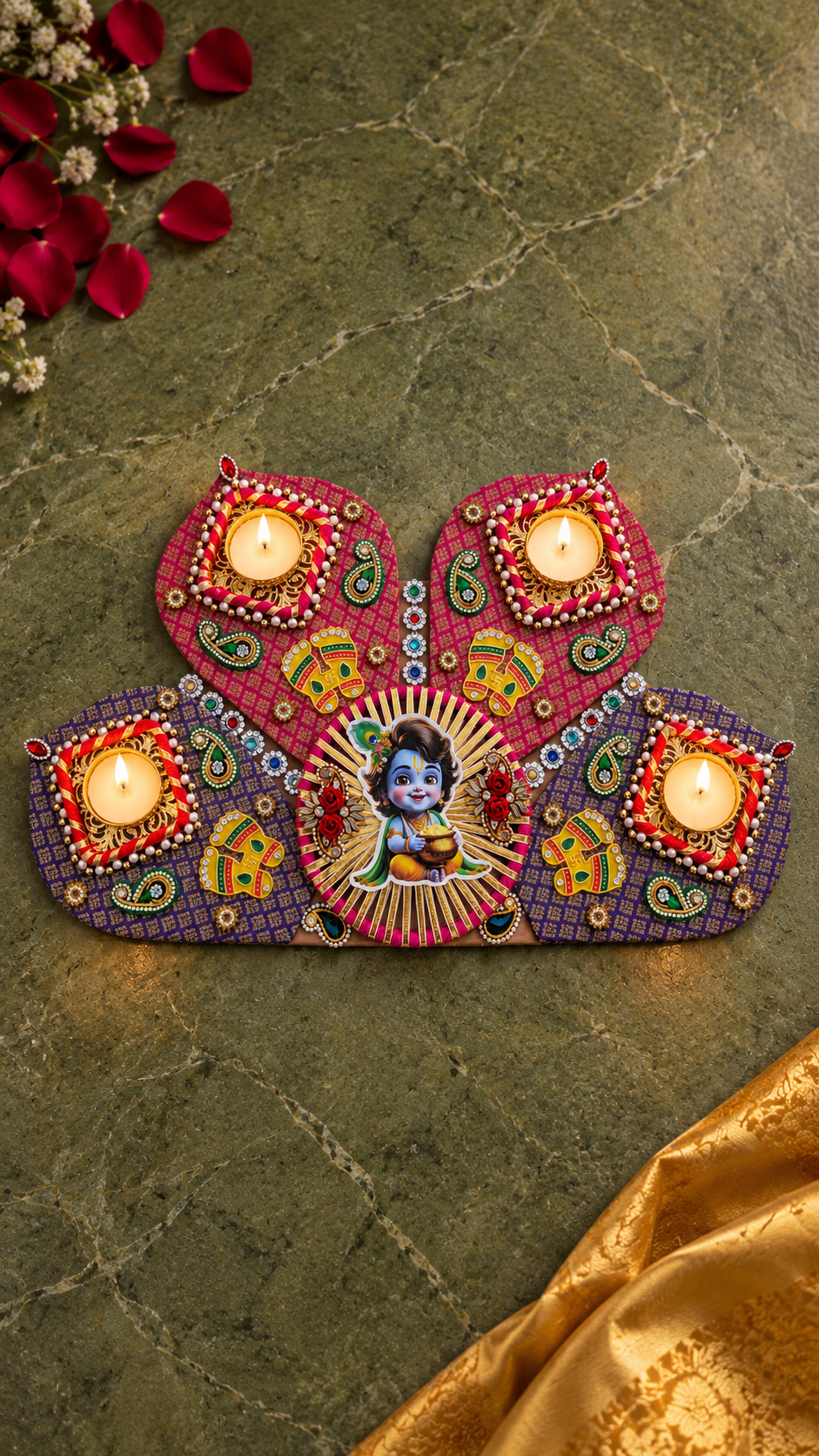 Little Krishna Rangoli – Magenta & Purple Half-Circle Diwali Tealight Decor, 17 in