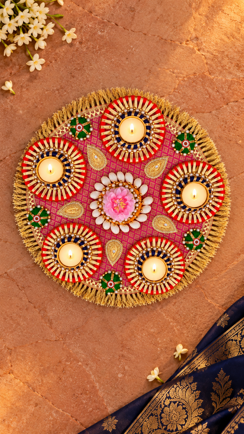 Rose Paisley Rangoli – Handmade Five-Light Diwali Centerpiece, 14 in
