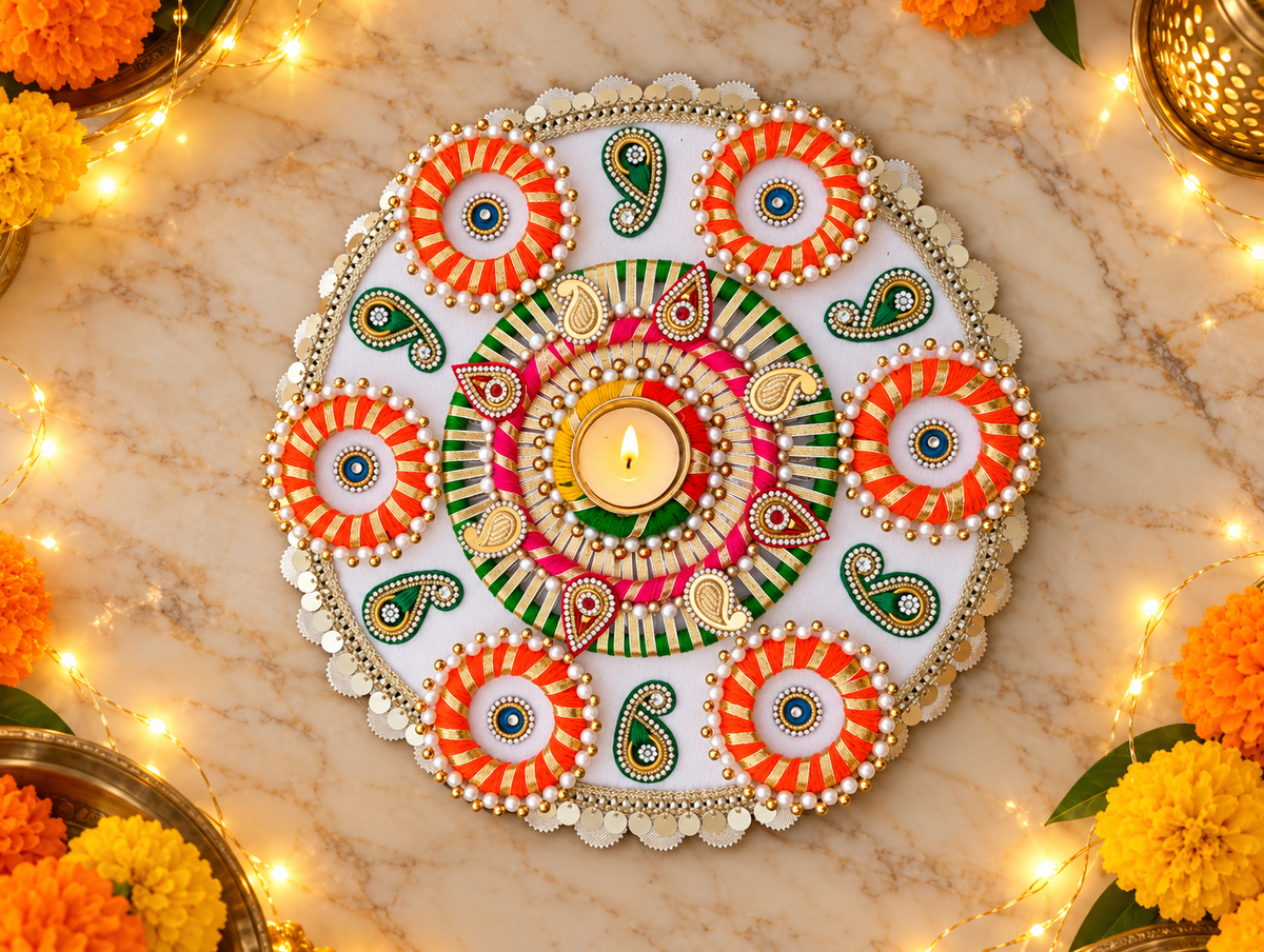 Marigold Glow Rangoli – Orange & Ivory Diwali Tealight Centerpiece, 12 in