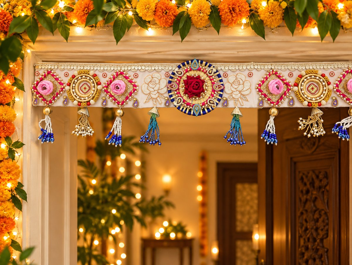 Rose Garden Toran – Handmade Pink Floral Diwali Door Hanging, 36 × 5 in