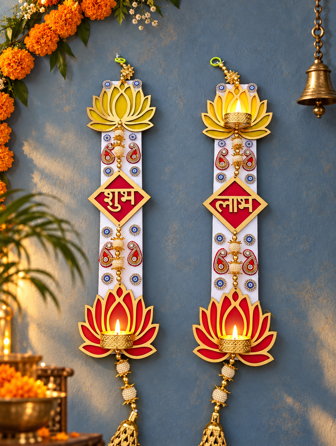 Shubh Labh Wall Hanging Pair – Handmade Lotus Diwali Door Decor, 3 × 18 in Each