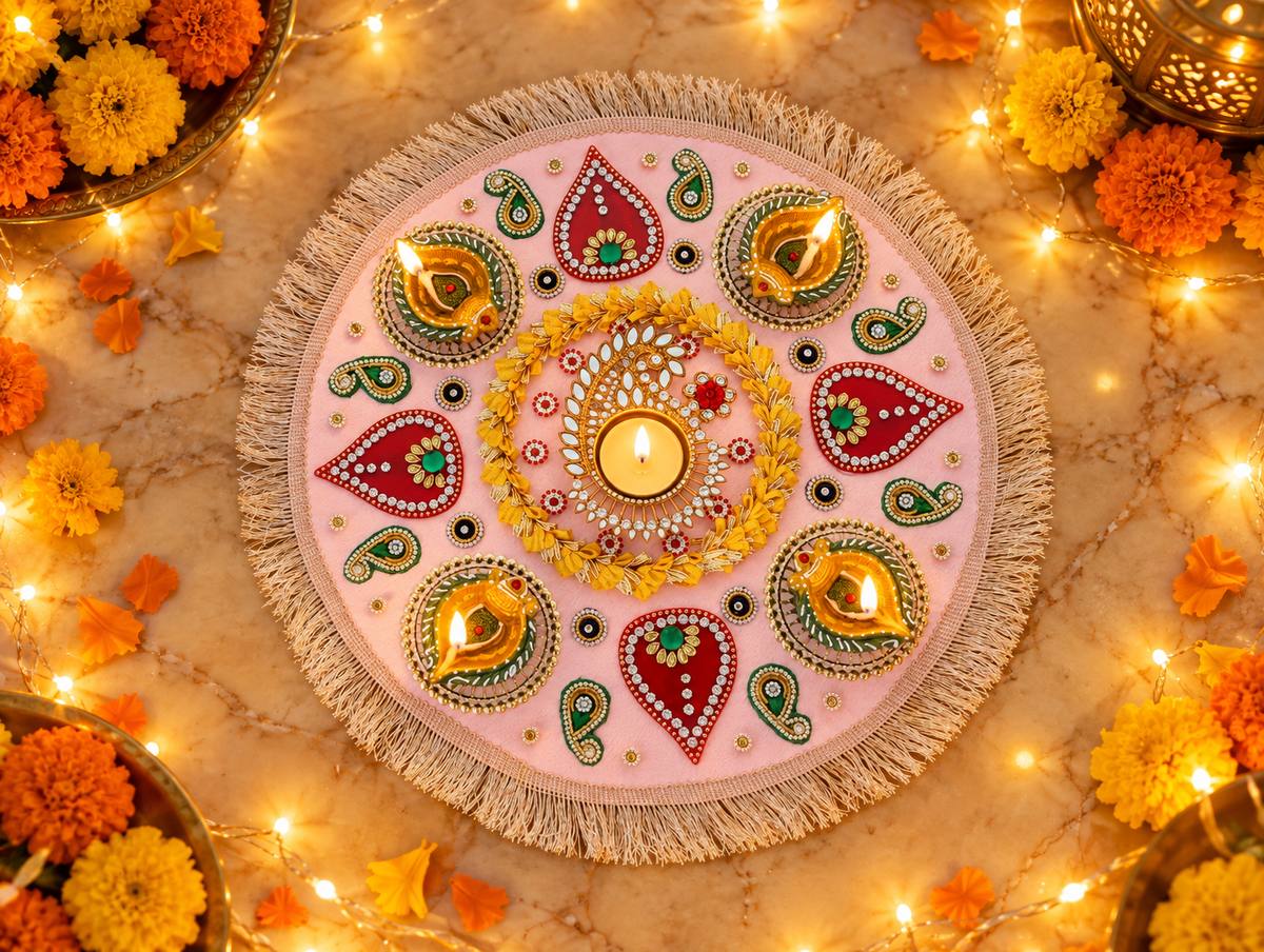 Pastel Paisley Rangoli – Round Diwali Tealight Decor with Fringe, 14 in