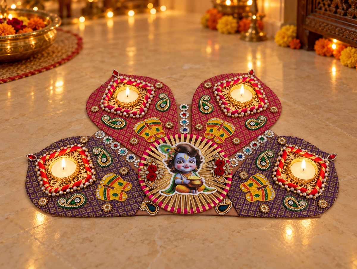 Little Krishna Rangoli – Magenta & Purple Half-Circle Diwali Tealight Decor, 17 in