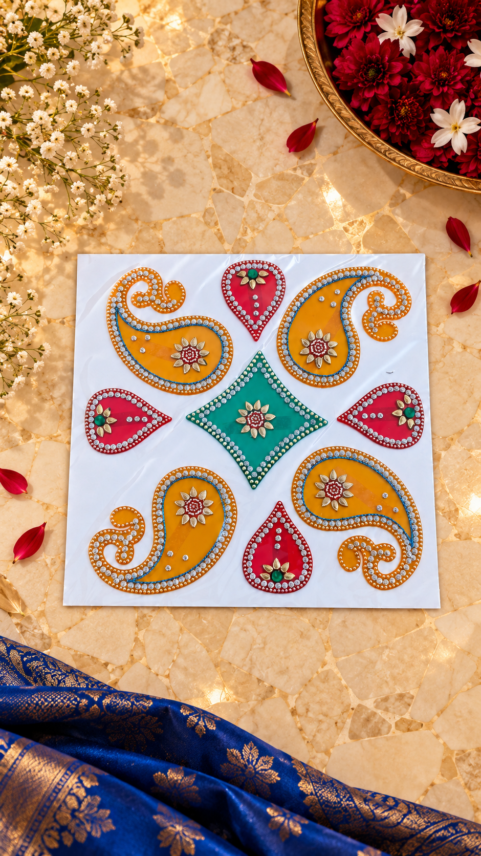 Paisley Jewel Rangoli – Colorful Square Diwali Decoration, 11 × 11 in