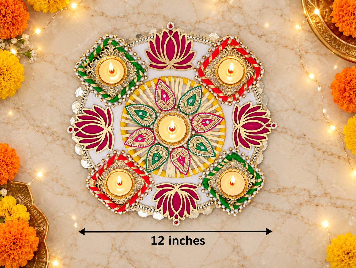Lotus Celebration Rangoli – Red & Green Diwali Tealight Decor, 12 in