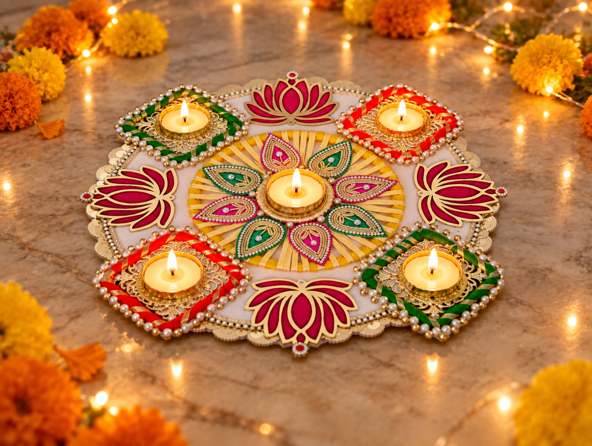 Lotus Celebration Rangoli – Red & Green Diwali Tealight Decor, 12 in