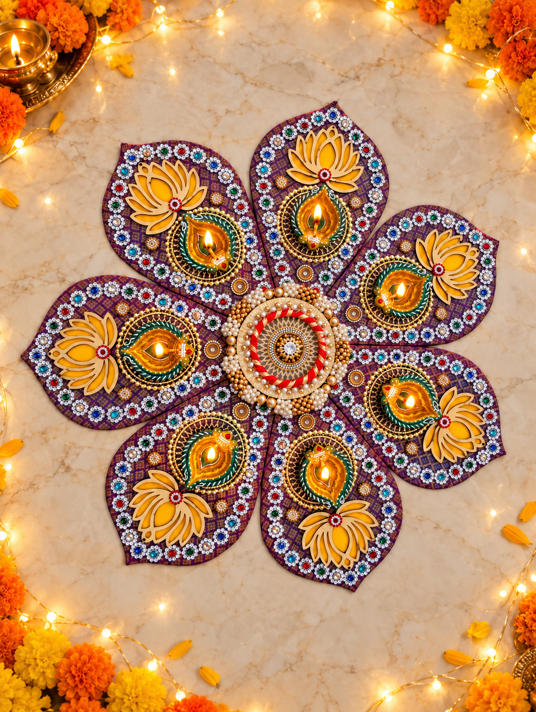 Lotus & Paisley Rangoli – Purple Seven-Petal Diwali Diya Decor, 20 in