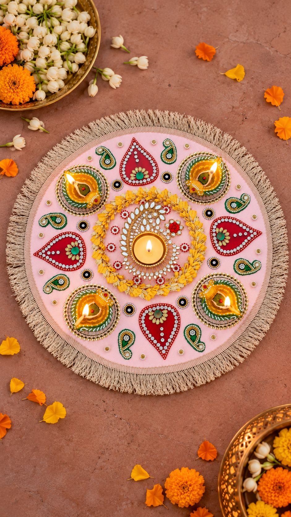 Pastel Paisley Rangoli – Round Diwali Tealight Decor with Fringe, 14 in