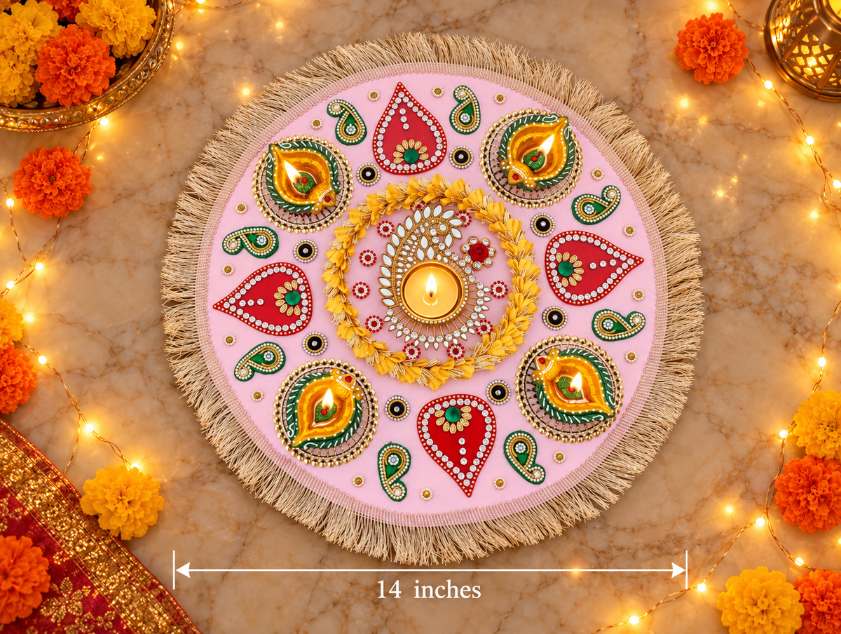 Pastel Paisley Rangoli – Round Diwali Tealight Decor with Fringe, 14 in