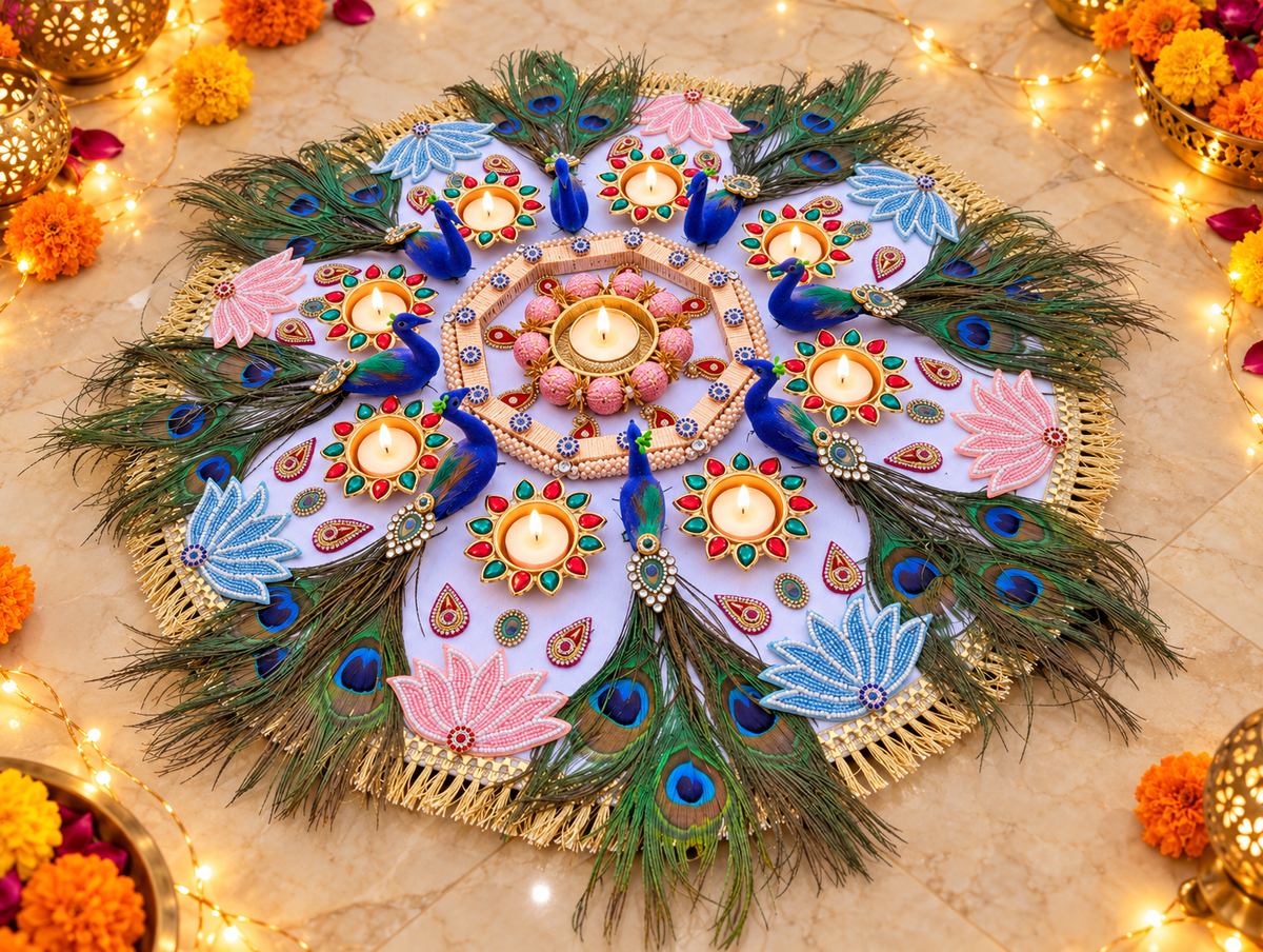 Grand Peacock Garden Rangoli – Lotus & Feather Diwali Centerpiece, 26 in