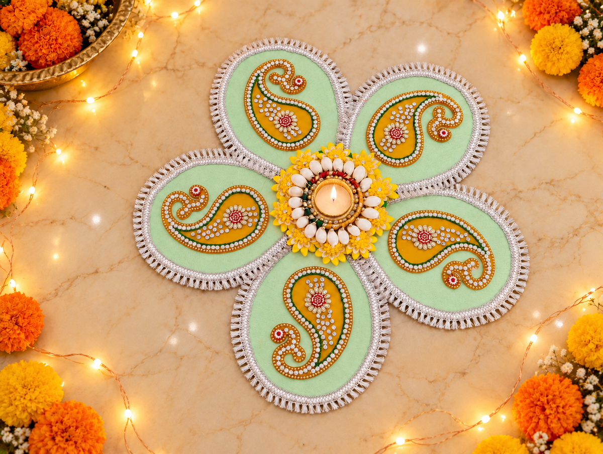 Light Green Paisley Rangoli – Handmade Five-Petal Diwali Tealight Decor, 19 in