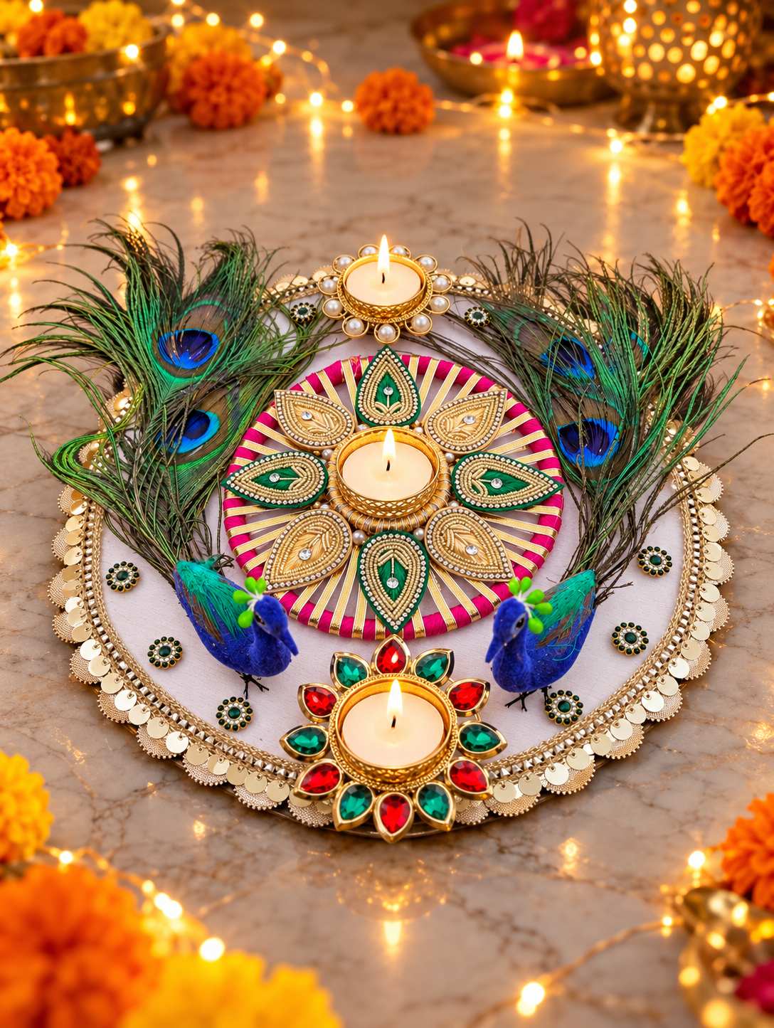 Peacock Feather Rangoli – Ivory Handmade Diwali Tealight Decor, 12 in