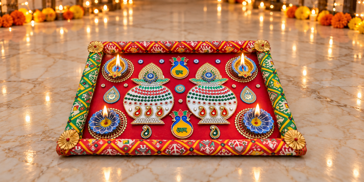 Red Kalash Rangoli – Handmade Diwali Diya Decor, 18 × 12 in