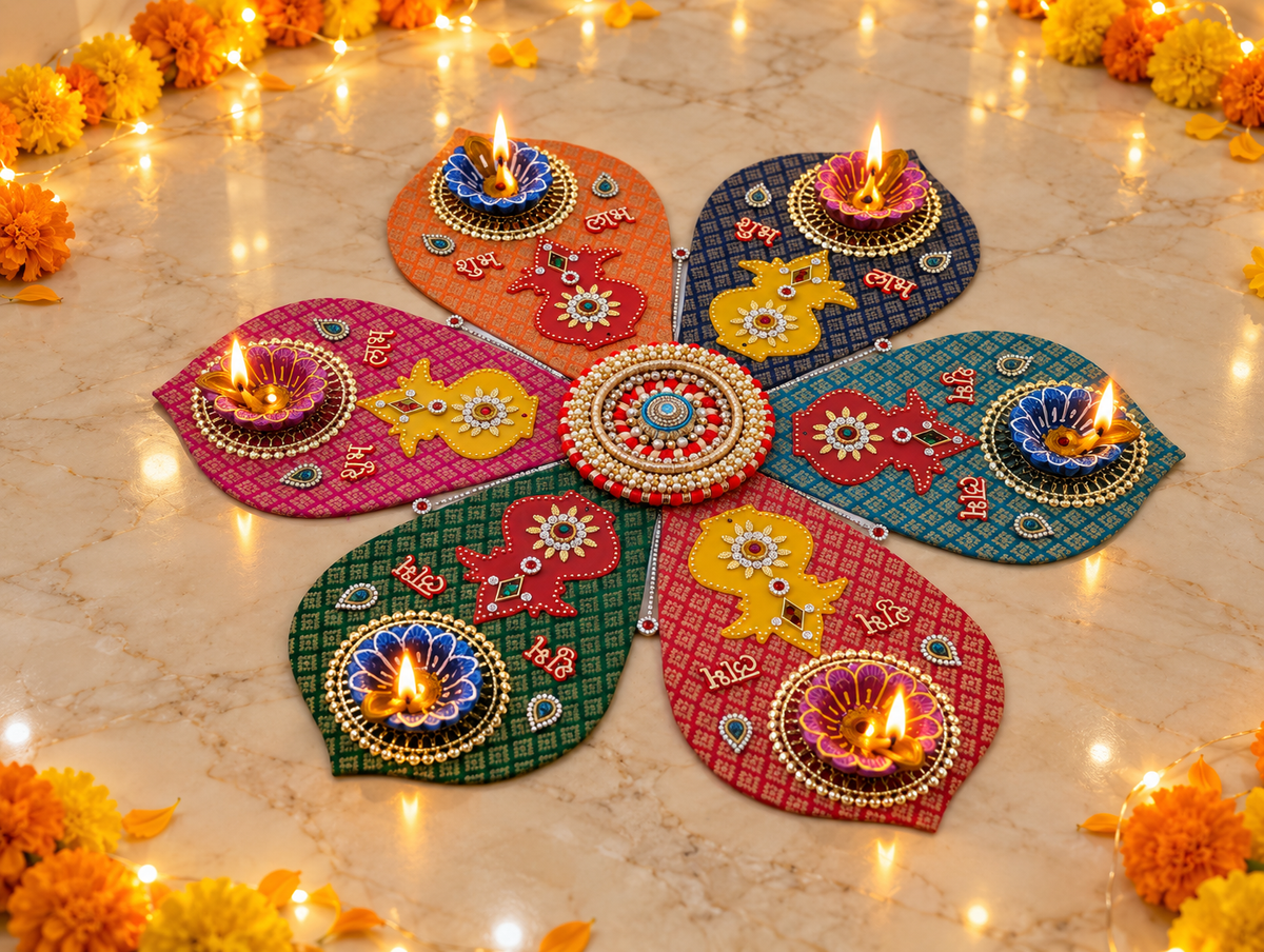Kalash Petal Rangoli – Jewel-Tone Handmade Diwali Diya Decor, 20 in