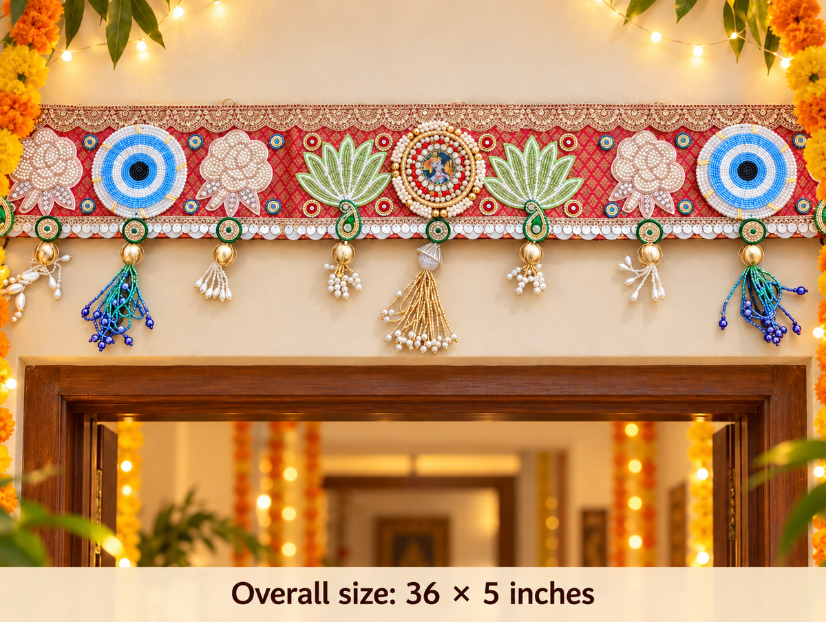 Krishna Lotus & Blue Medallion Toran – Handmade Diwali Door Hanging, 36 × 5 in