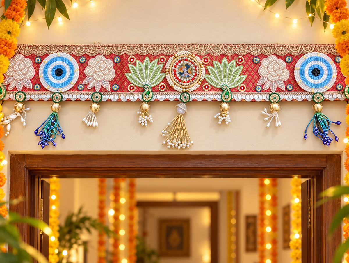 Krishna Lotus & Blue Medallion Toran – Handmade Diwali Door Hanging, 36 × 5 in