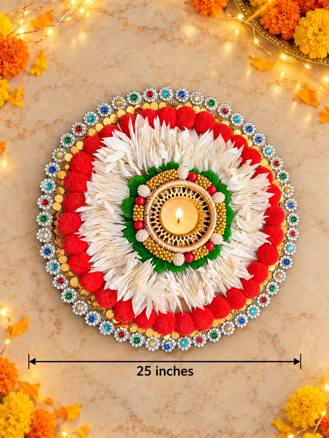 Red & White Pompom Rangoli – Handmade Diwali Tealight Centerpiece, 25 in